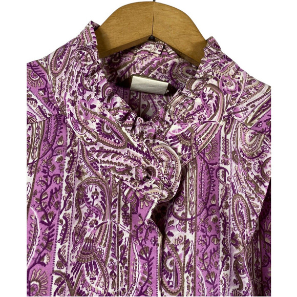Vintage 1960s Blouse High Ruffle Neck Purple Paisley Button Up Secretary 42 / 2X - Picture 11 of 15